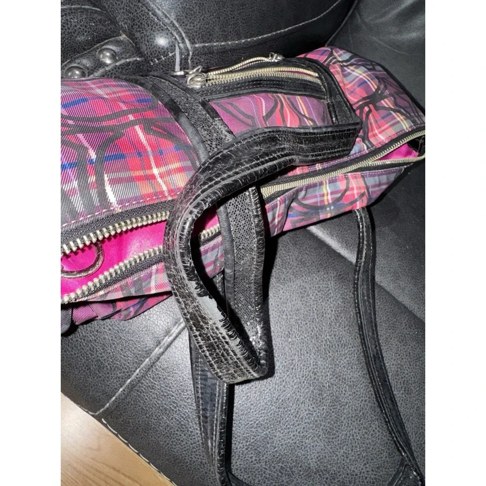Coach Poppy Plaid Tote Pink Purple Black Zip Silver Hardware Pockets USED!!